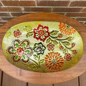 Glass decorative unique vintage oval tray with flowers and gold glaze